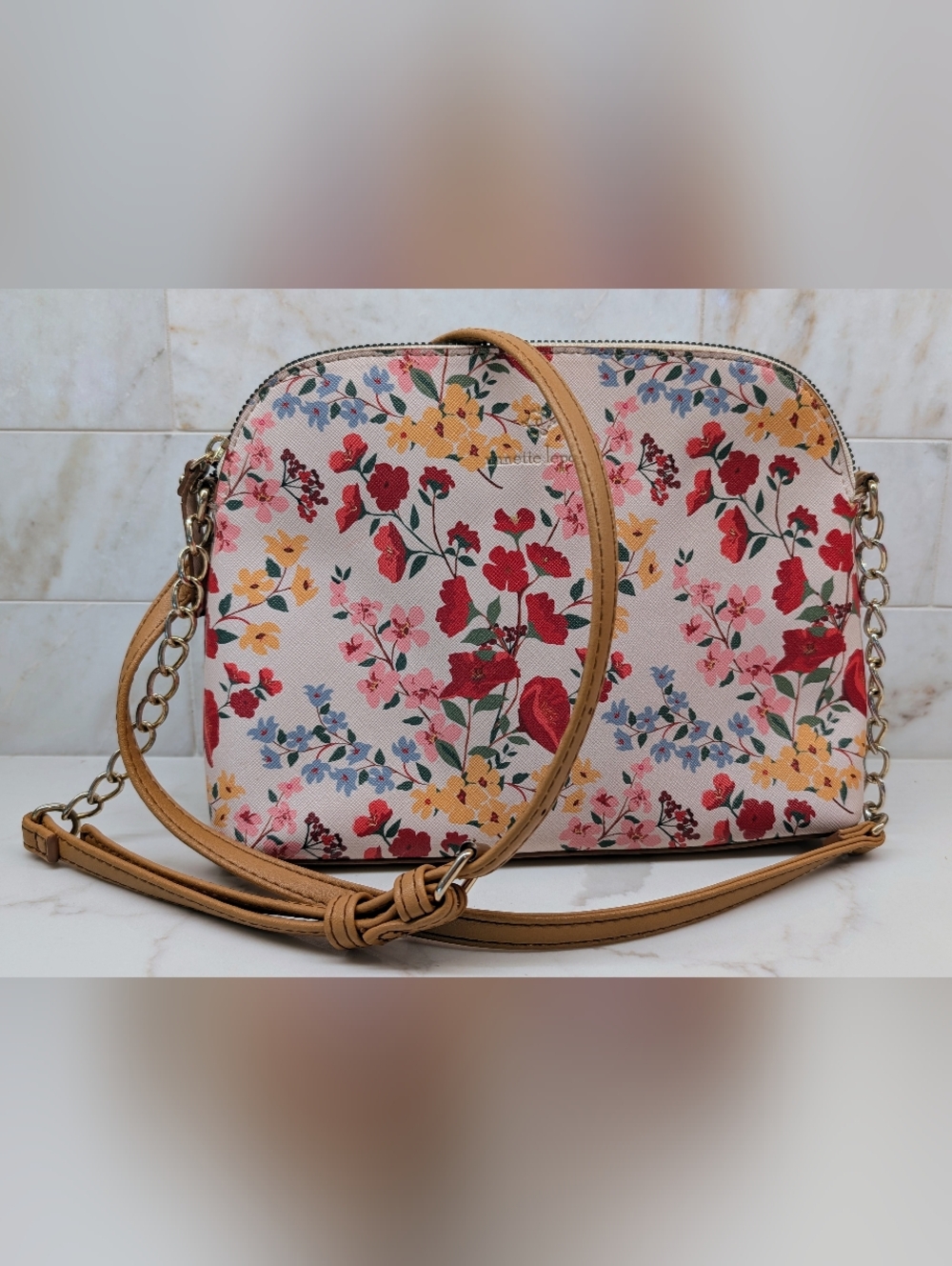 Nanette Lepore Pink Floral Crossbody with Tan Leather Strap
